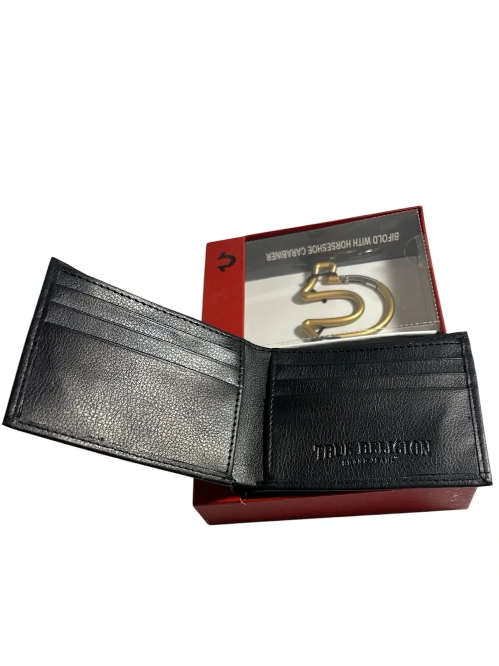 True Religion Bifold Wallet with Carabiner Gift Set Black Wallet Gold Carabiner